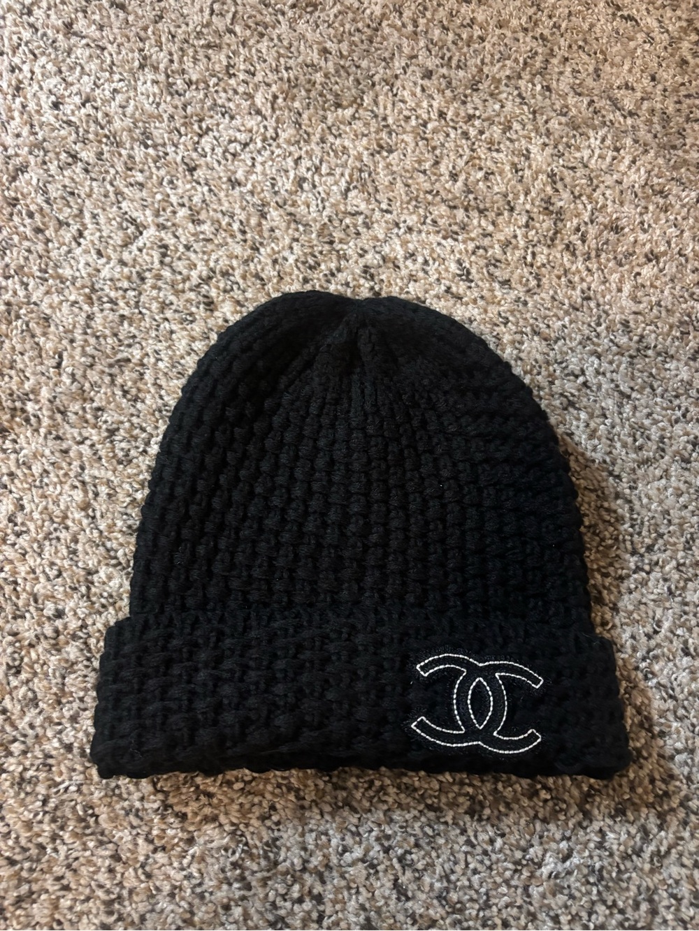 CHANEL Black Waffle Knit Beanie with Embroidered CC